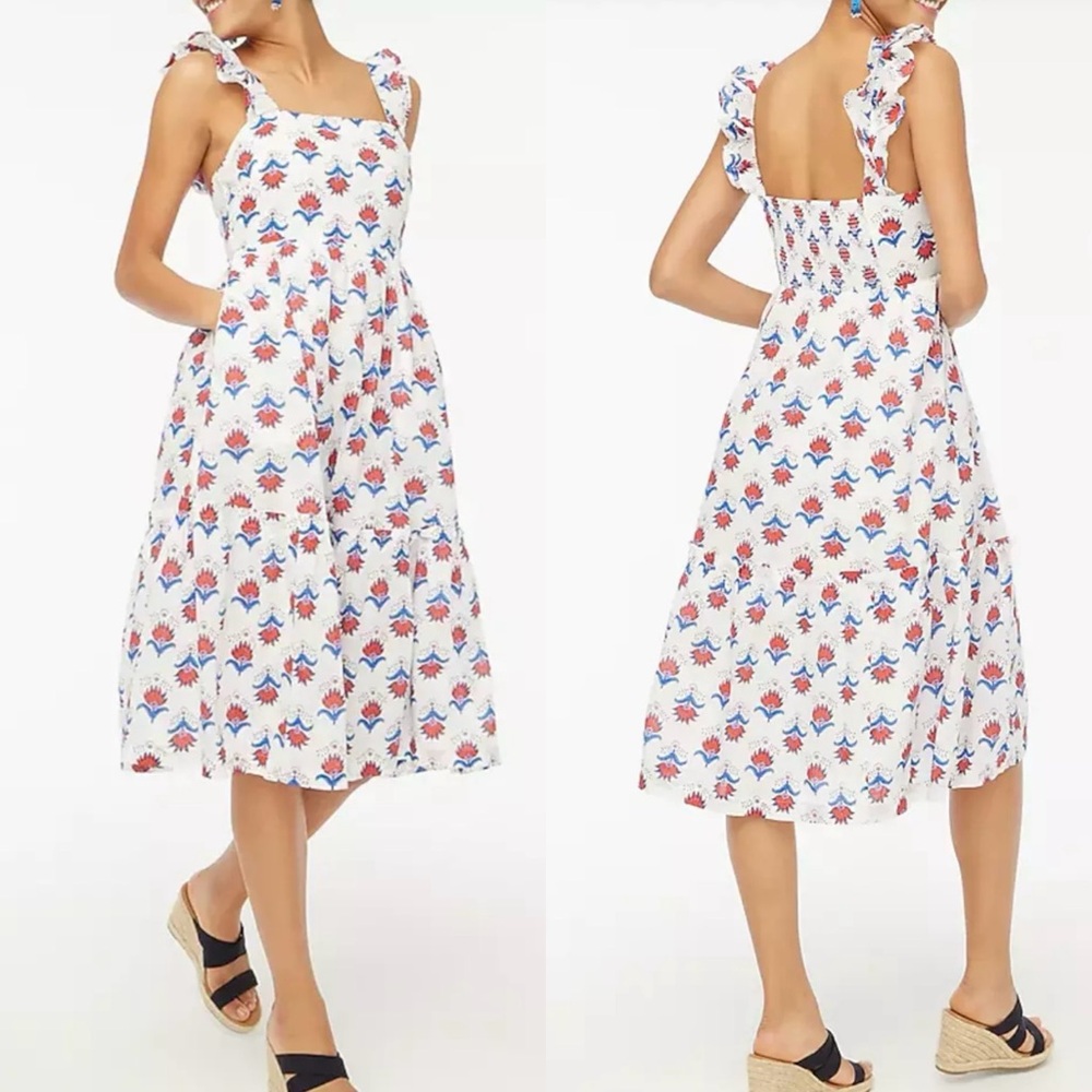 J. Crew White Midi Dress with Red & Blue Floral Print